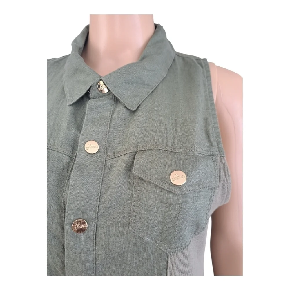 GUESS linen khaki sleeveless mini dress snap closure tunic - Picture 5 of 13